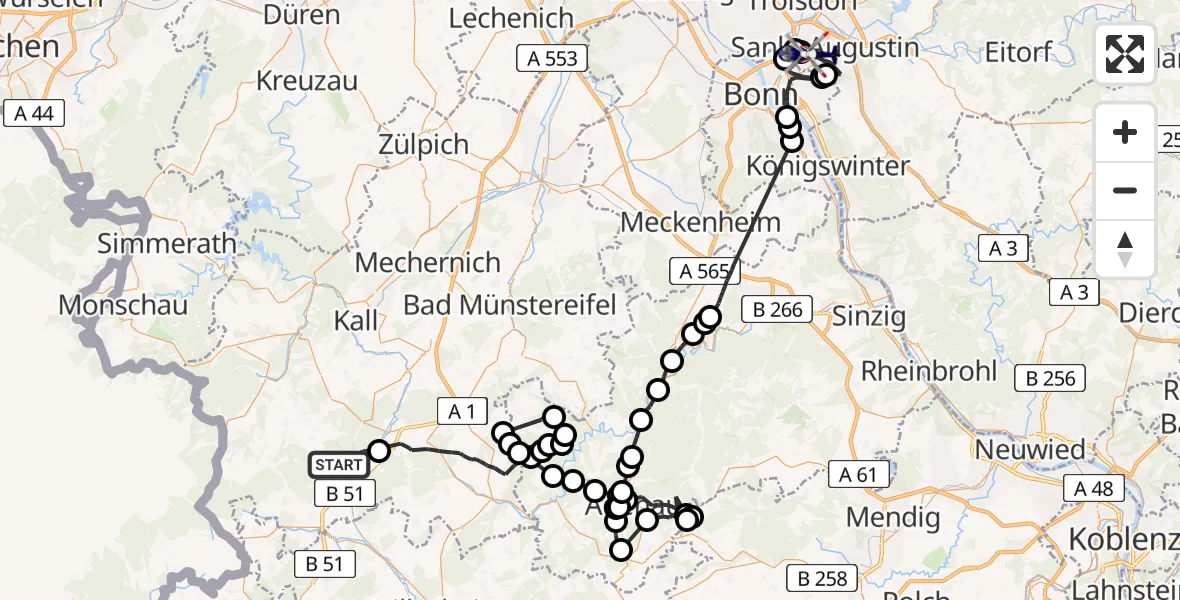 Flugroute Polizeihubschrauber Dahlem - Bonn-Hangelar Flugplatz, 18 Mai 2026, 12:44