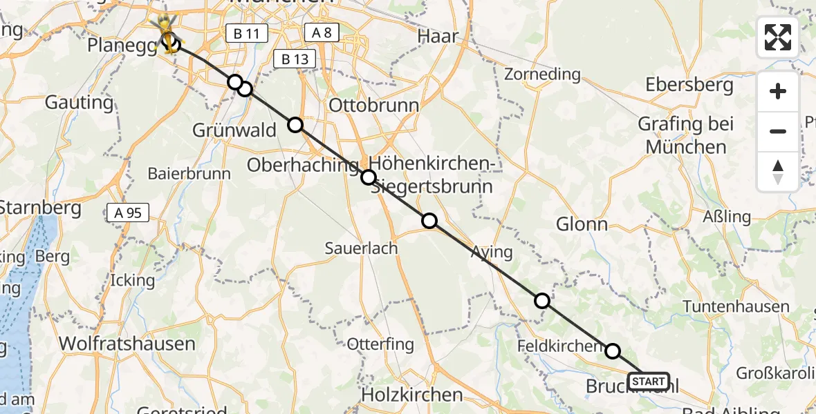 Flugroute Rettungshubschrauber Bruckmühl - DRF Air Rescue München Hubschrauberlandeplatz, 18 Mai 2026, 12:45