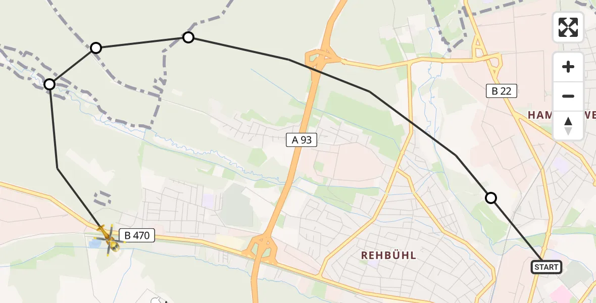 Flugroute Rettungshubschrauber Weiden Hospital - Weiden i.d.OPf., 18 Mai 2026, 12:45