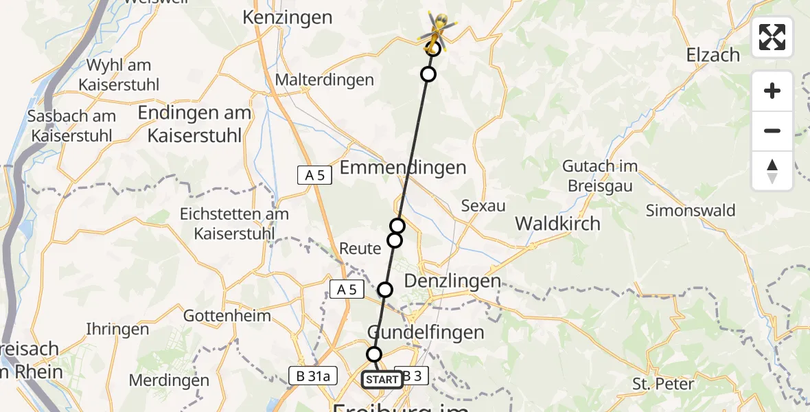 Flugroute Rettungshubschrauber Freiburg im Breisgau Flugplatz - Freiamt, 18 Mai 2026, 12:47