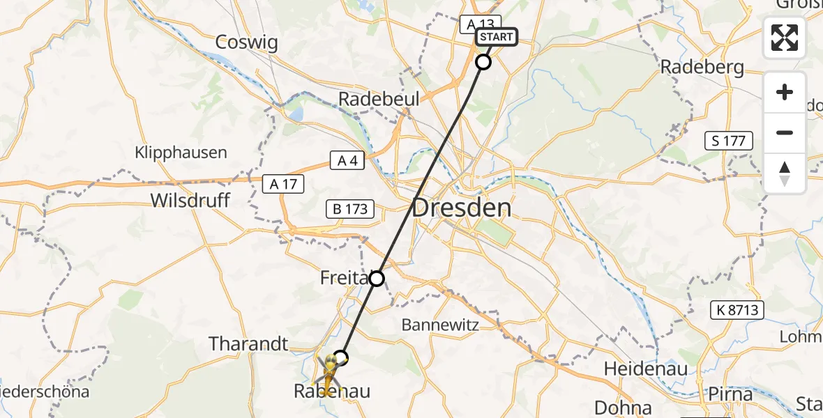 Flugroute Rettungshubschrauber Dresden Flughafen - Rabenau, 18 Mai 2026, 12:49