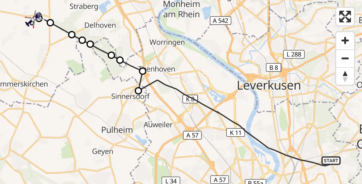 Flugroute Polizeihubschrauber Köln - Rommerskirchen, 18 Mai 2026, 12:51
