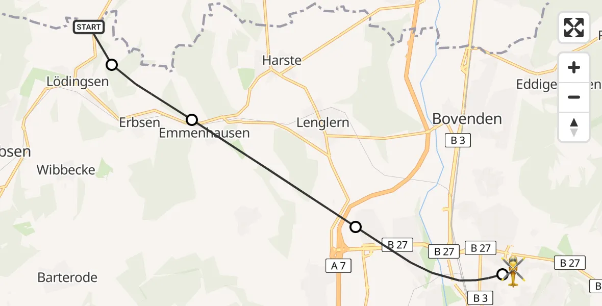 Flugroute Rettungshubschrauber Hardegsen - Göttingen University Clinic Hubschrauberlandeplatz, 18 Mai 2026, 12:51