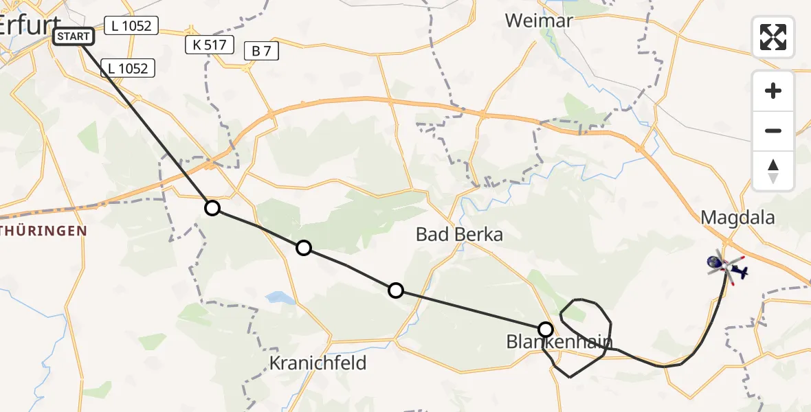 Flugroute Polizeihubschrauber Erfurt - Blankenhain, 18 Mai 2026, 13:00