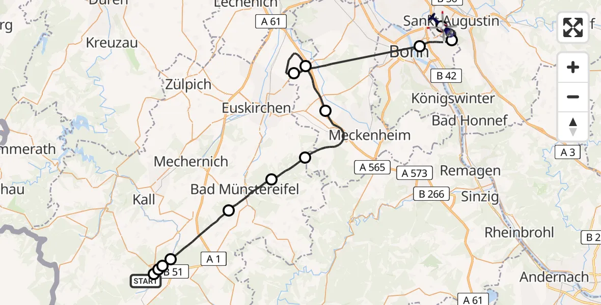 Flugroute Polizeihubschrauber Dahlem - Bonn-Hangelar Flugplatz, 18 Mai 2026, 13:01