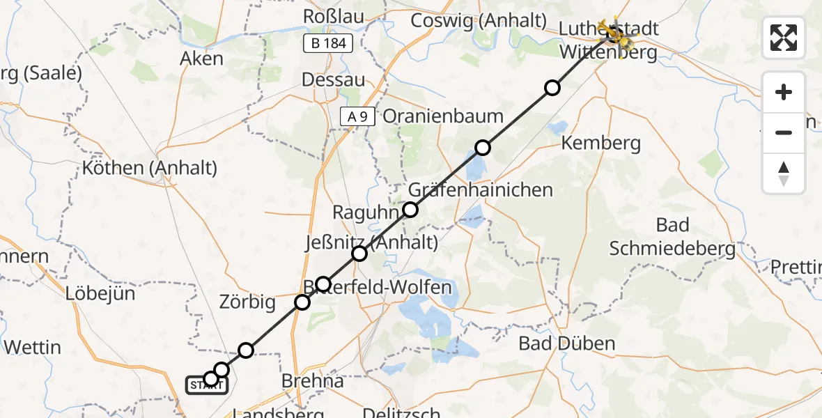 Flugroute Rettungshubschrauber Halle-Oppin Flugplatz - Paul-Gerhardt-Stift Evangelical Hospital, 18 Mai 2026, 13:03