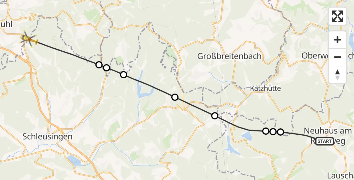 Flugroute Rettungshubschrauber Neuhaus am Rennweg - Schleusingen, 18 Mai 2026, 13:10