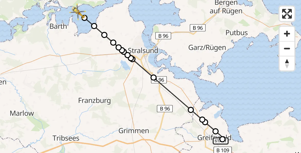 Flugroute Rettungshubschrauber Greifswald Hospital - Zingst, 18 Mai 2026, 13:11