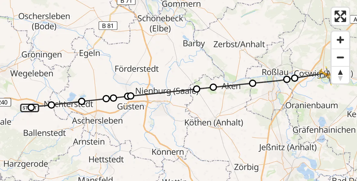Flugroute Rettungshubschrauber Harz Hospital Quedlinburg - MediClin Heart Center Coswig Hubschrauberlandeplatz, 18 Mai 2026, 13:15