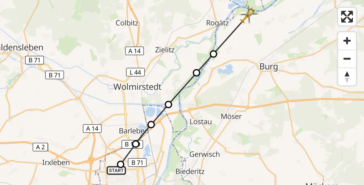 Flugroute Rettungshubschrauber Magdeburg Hospital - Burg, 18 Mai 2026, 13:19