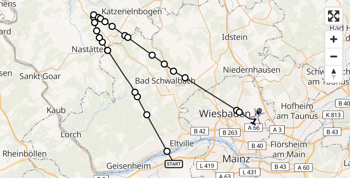 Flugroute Polizeihubschrauber Ingelheim am Rhein - Wiesbaden, 18 Mai 2026, 13:30