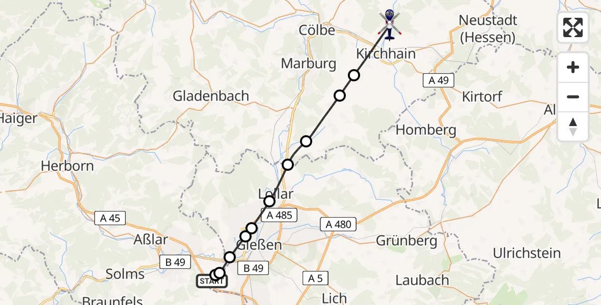 Flugroute Polizeihubschrauber Wetzlar - Kirchhain, 18 Mai 2026, 13:30
