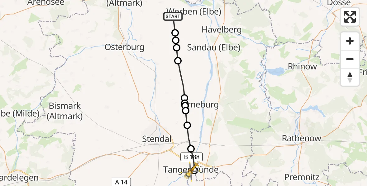 Flugroute Rettungshubschrauber Altmärkische Wische - Tangermünde, 18 Mai 2026, 13:30