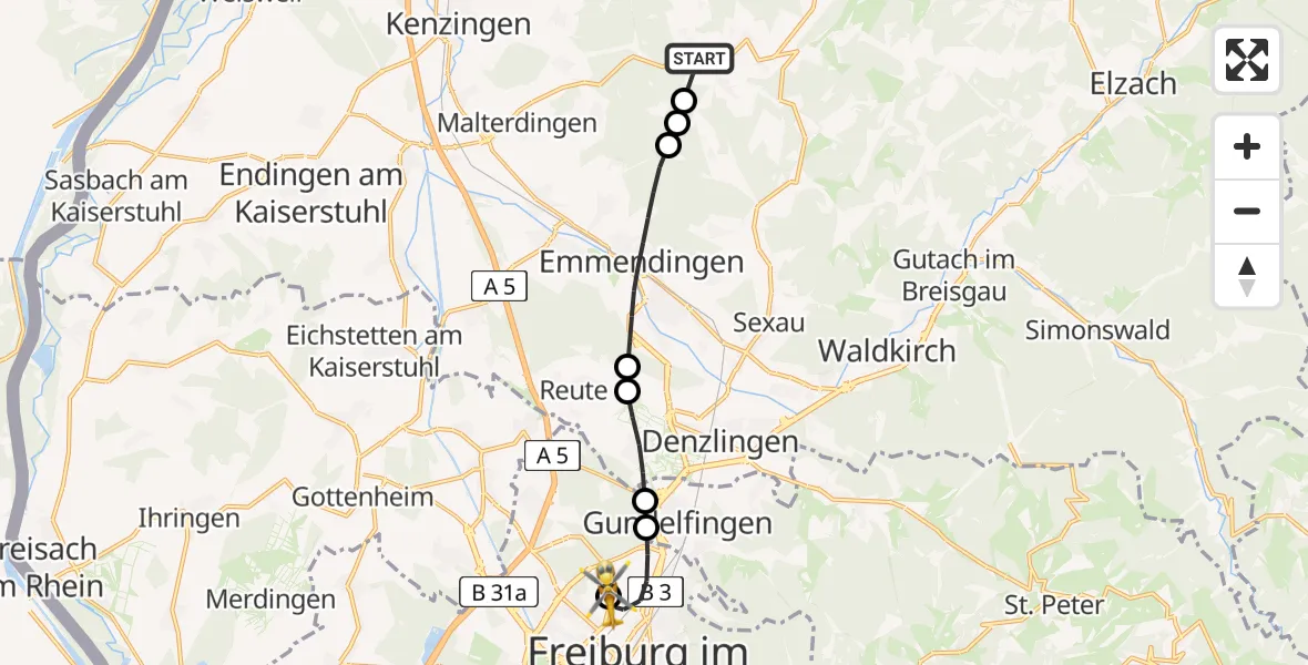 Flugroute Rettungshubschrauber Freiamt - Freiburg im Breisgau Flugplatz, 18 Mai 2026, 13:32