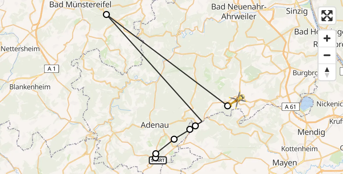 Flugroute Ambulanzhubschrauber Nürburgring Hubschrauberlandeplatz - Kempenich, 18 Mai 2026, 13:38