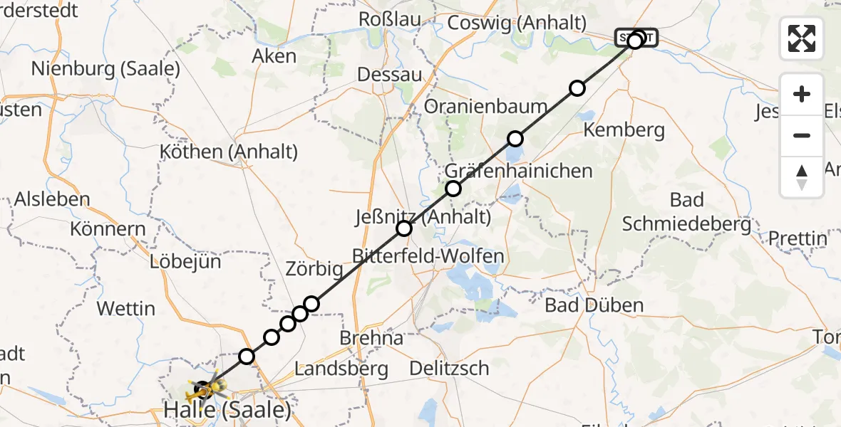 Flugroute Rettungshubschrauber Paul-Gerhardt-Stift Evangelical Hospital - Halle (Saale) University Hospital, 18 Mai 2026, 13:38