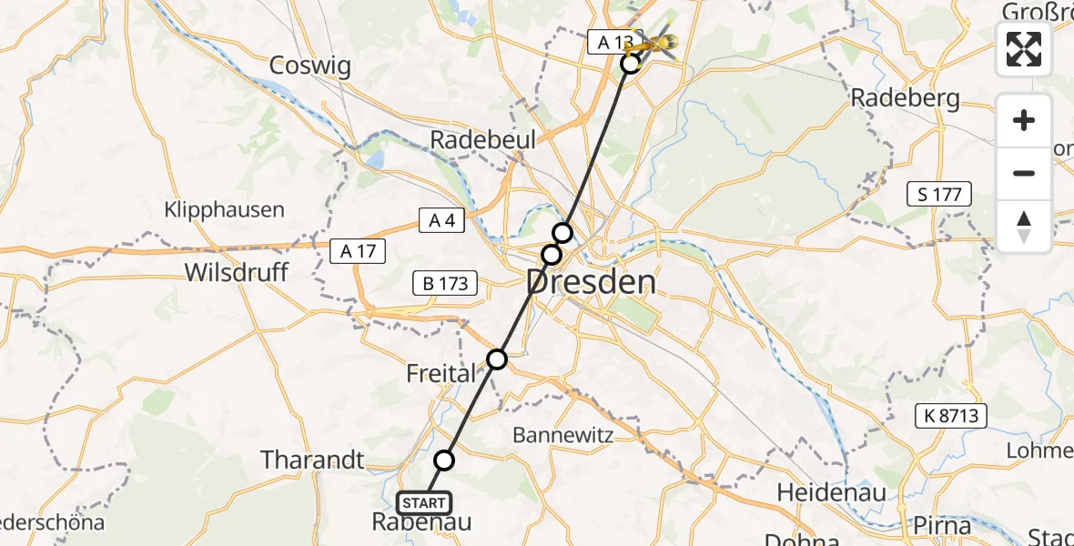 Flugroute Rettungshubschrauber Rabenau - Dresden Bundespolizei Hubschrauberlandeplatz, 18 Mai 2026, 13:41