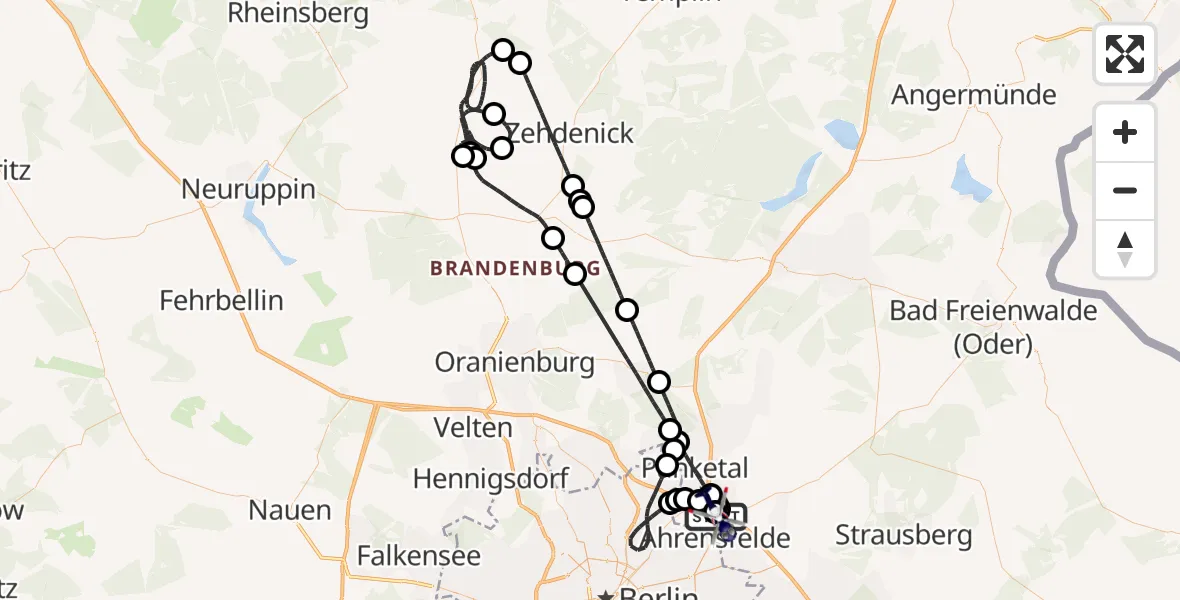 Flugroute Polizeihubschrauber Ahrensfelde Hubschrauberlandeplatz - Ahrensfelde Hubschrauberlandeplatz, 18 Mai 2026, 13:42