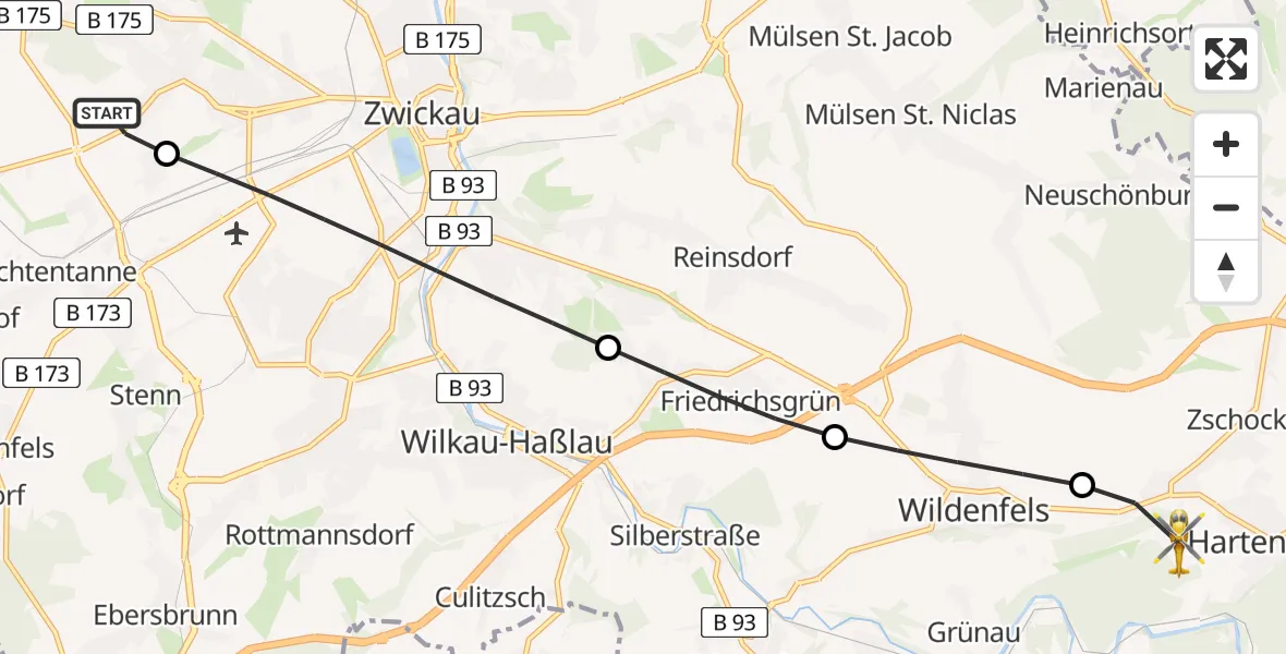 Flugroute Rettungshubschrauber ADAC Air Rescue Station Zwickau Hubschrauberlandeplatz - Hartenstein, 18 Mai 2026, 13:45