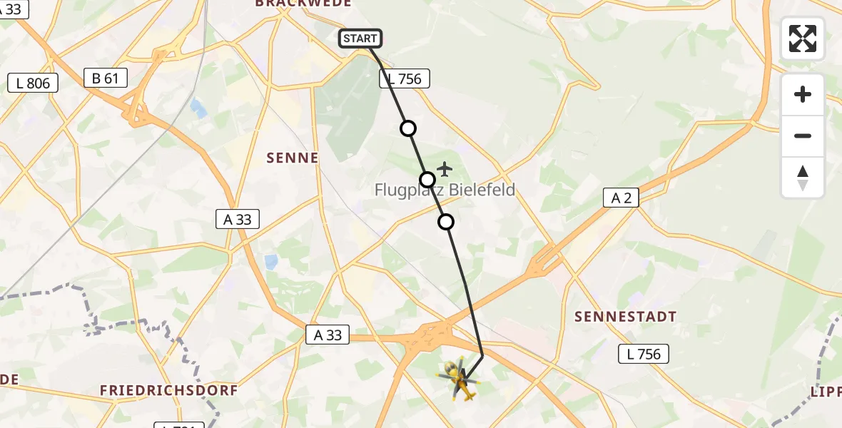 Flugroute Rettungshubschrauber Luftrettungszentrum Bielefeld - Bielefeld, 18 Mai 2026, 13:45