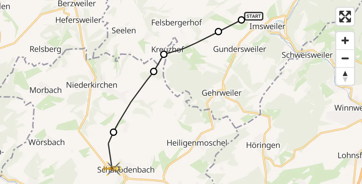 Flugroute Rettungshubschrauber Imsweiler UL - Schallodenbach, 18 Mai 2026, 13:45