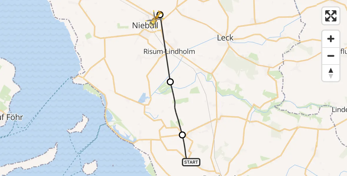 Flugroute Rettungshubschrauber Bordelum - Niebüll, 18 Mai 2026, 13:46