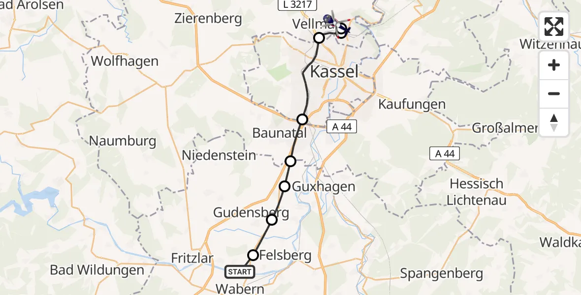 Flugroute Polizeihubschrauber Wabern - Fuldatal Bundespolizei Hubschrauberlandeplatz, 18 Mai 2026, 13:57