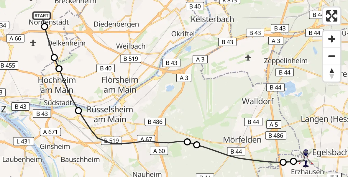 Flugroute Polizeihubschrauber Wiesbaden - Flughafen Frankfurt-Egelsbach, 18 Mai 2026, 13:58