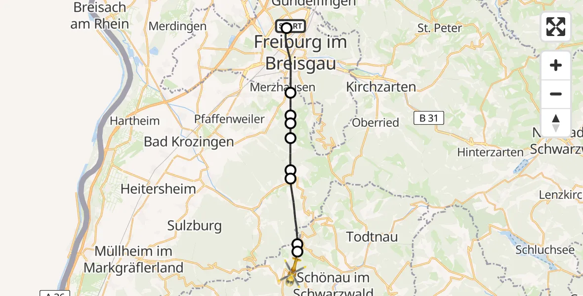 Flugroute Rettungshubschrauber Freiburg im Breisgau Flugplatz - Böllen, 18 Mai 2026, 14:01