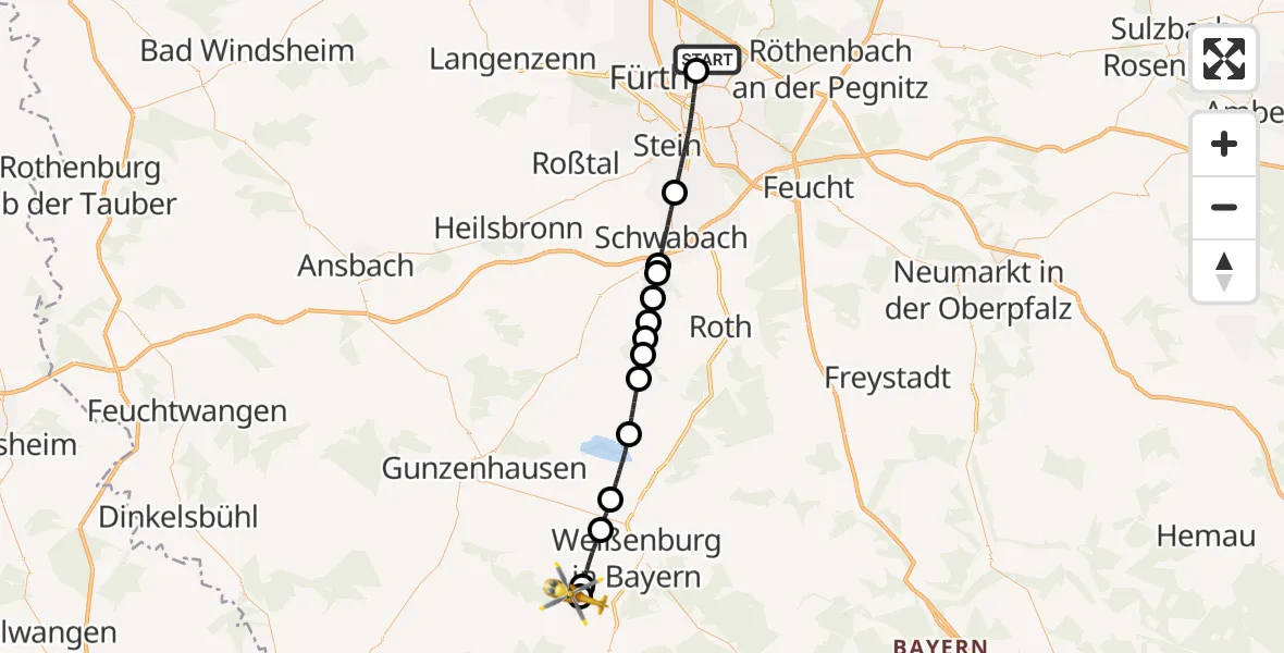 Flugroute Ambulanzhubschrauber Flughafen Nuremberg - Treuchtlingen-Bubenheim Flugplatz, 18 Mai 2026, 14:05