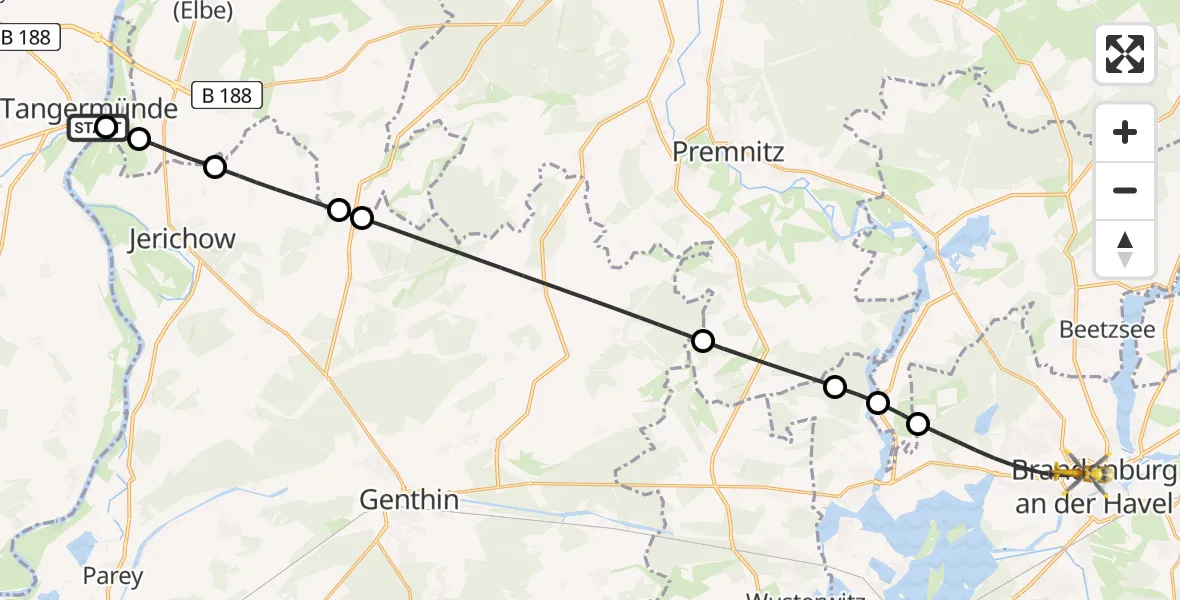 Flugroute Rettungshubschrauber Tangermünde - Brandenburg an der Havel, 18 Mai 2026, 14:07