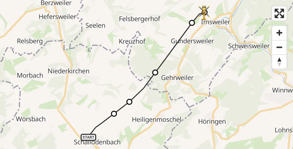Flugroute Rettungshubschrauber Schallodenbach - Imsweiler UL, 18 Mai 2026, 14:16