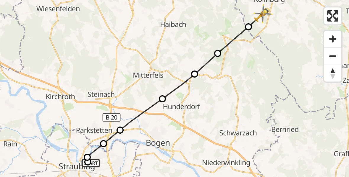 Flugroute Rettungshubschrauber Sankt Elisabeth Hospital Straubing - Kollnburg, 18 Mai 2026, 14:19