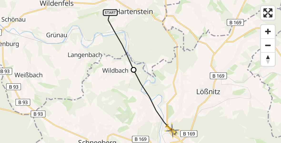 Flugroute Rettungshubschrauber Hartenstein - Aue-Bad Schlema, 18 Mai 2026, 14:19