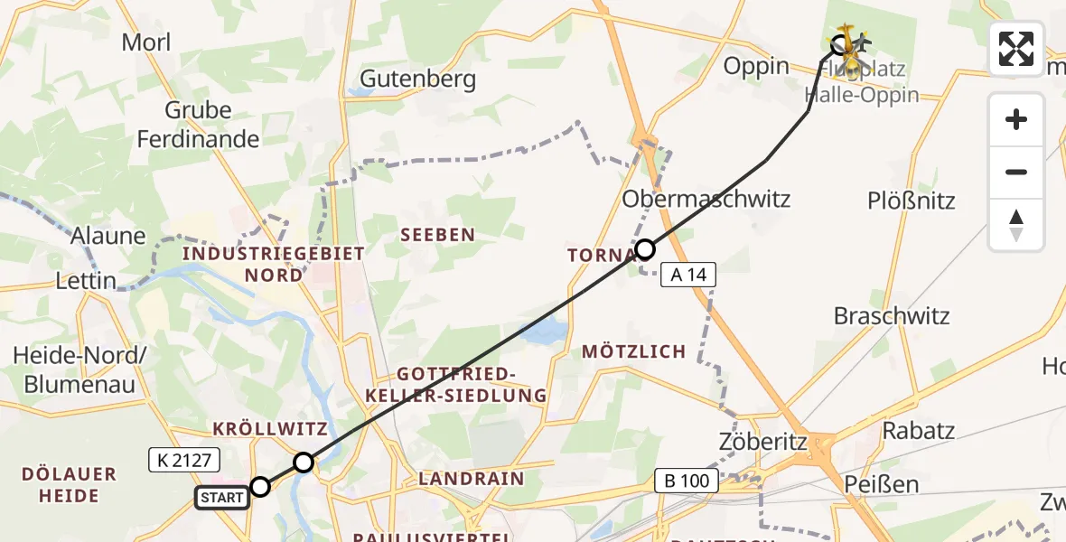 Flugroute Rettungshubschrauber Halle (Saale) University Hospital - Halle-Oppin Flugplatz, 18 Mai 2026, 14:20