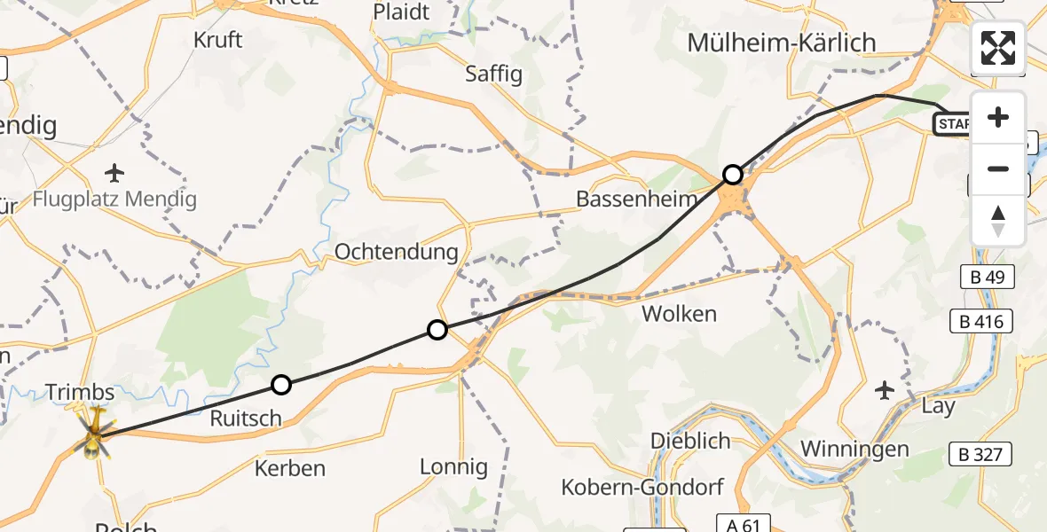 Flugroute Rettungshubschrauber Koblenz - Polch, 18 Mai 2026, 14:26