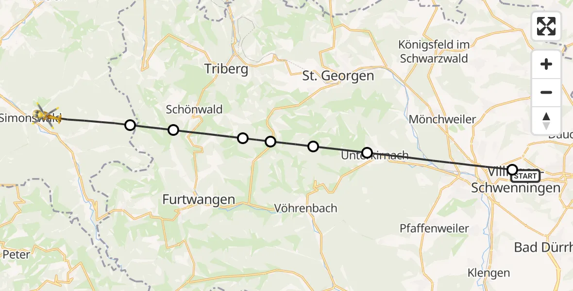 Flugroute Rettungshubschrauber DRF Air Rescue Station Villingen-Schwenningen Hubschrauberlandeplatz (Christoph 11) - Simonswald, 18 Mai 2026, 14:27