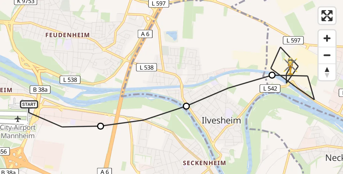 Flugroute Rettungshubschrauber Mannheim-City Flughafen - Ladenburg, 18 Mai 2026, 14:34