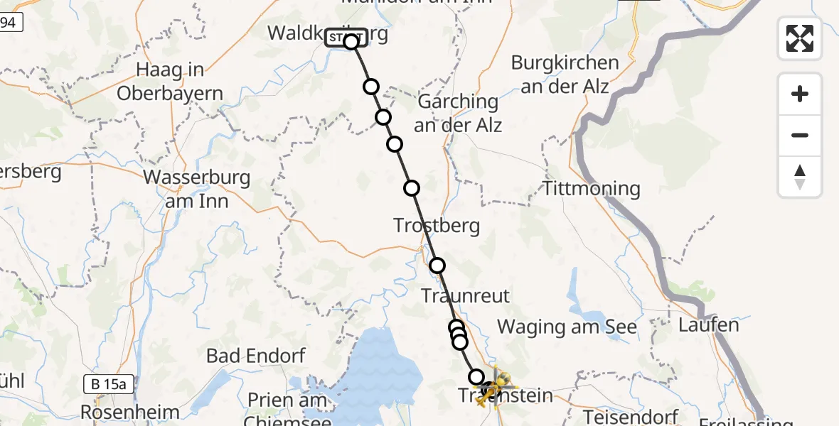 Flugroute Rettungshubschrauber Waldkraiburg - Traunstein Hospital, 18 Mai 2026, 14:36