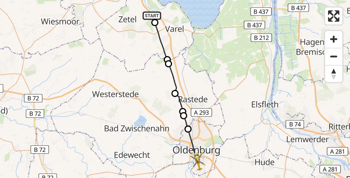 Flugroute Rettungshubschrauber Bockhorn - Oldenburg (Oldb), 18 Mai 2026, 14:40