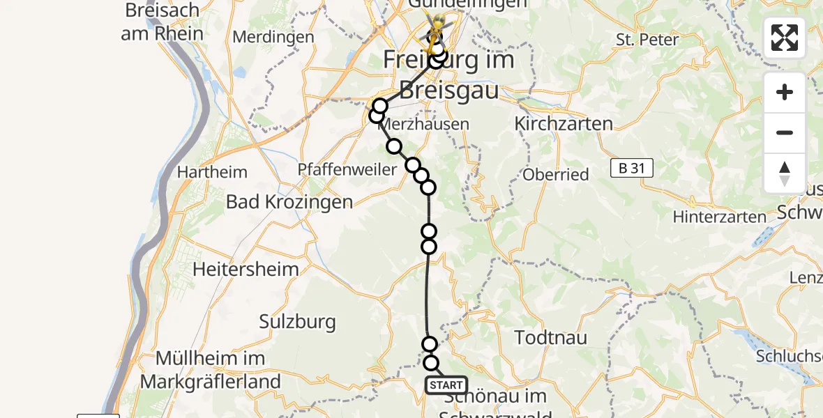 Flugroute Rettungshubschrauber Böllen - Freiburg im Breisgau Flugplatz, 18 Mai 2026, 14:52