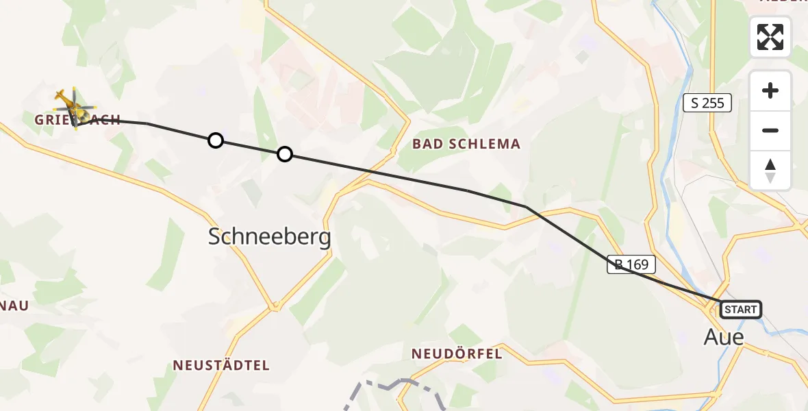Flugroute Rettungshubschrauber Aue-Bad Schlema - Schneeberg, 18 Mai 2026, 14:55