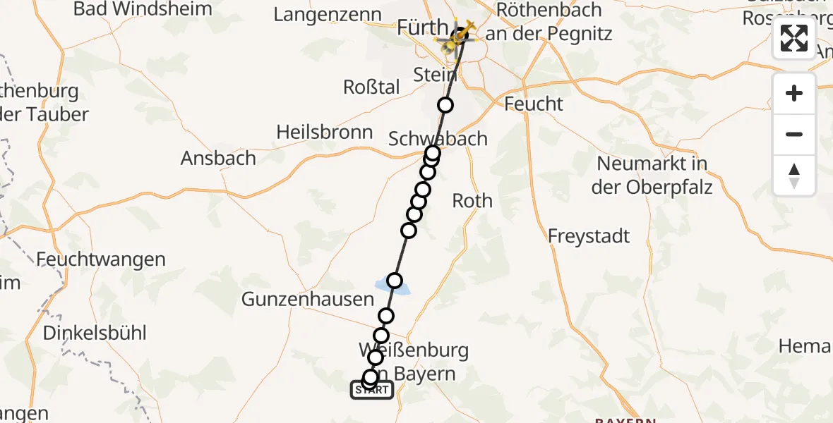 Flugroute Ambulanzhubschrauber Treuchtlingen-Bubenheim Flugplatz - Nürnberg North Hospital, 18 Mai 2026, 14:55