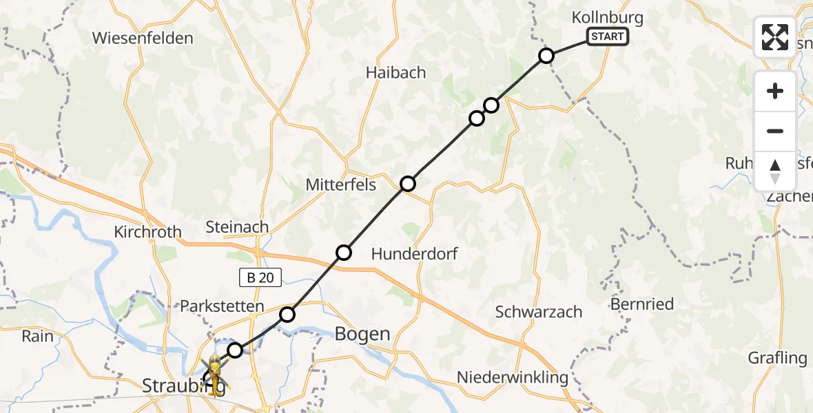 Flugroute Rettungshubschrauber Kollnburg - Sankt Elisabeth Hospital Straubing, 18 Mai 2026, 14:59