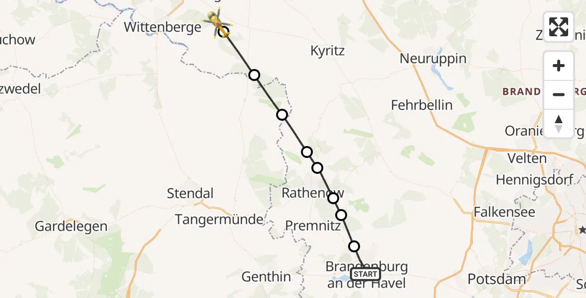 Flugroute Rettungshubschrauber Brandenburg an der Havel - Bad Wilsnack, 18 Mai 2026, 15:07