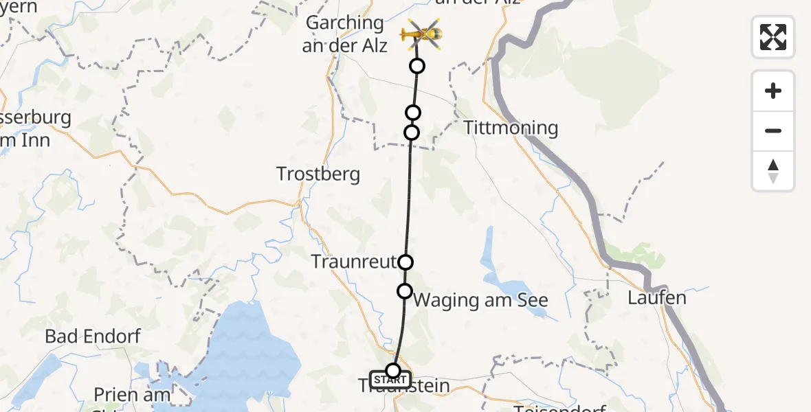 Flugroute Rettungshubschrauber Traunstein Hospital - Halsbach, 18 Mai 2026, 15:12