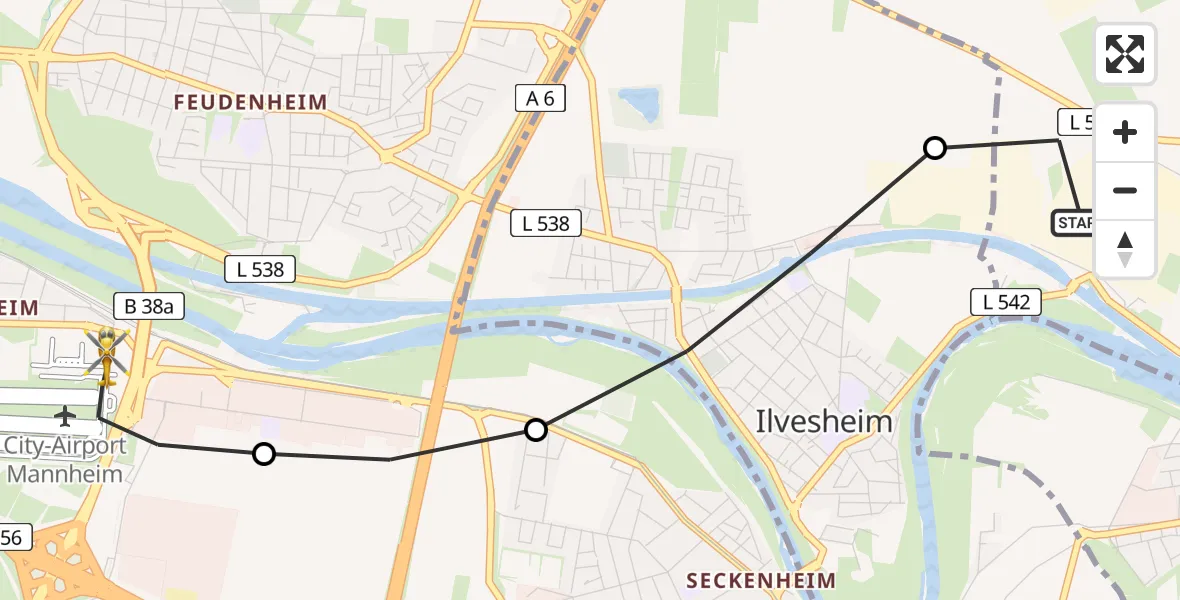 Flugroute Rettungshubschrauber Ladenburg - Mannheim-City Flughafen, 18 Mai 2026, 15:15