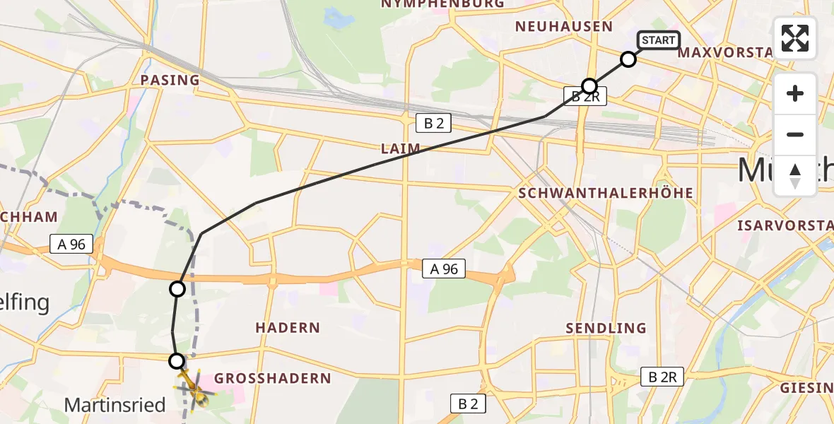 Flugroute Rettungshubschrauber Deutsches Herzzentrum München - DRF Air Rescue München Hubschrauberlandeplatz, 18 Mai 2026, 15:23