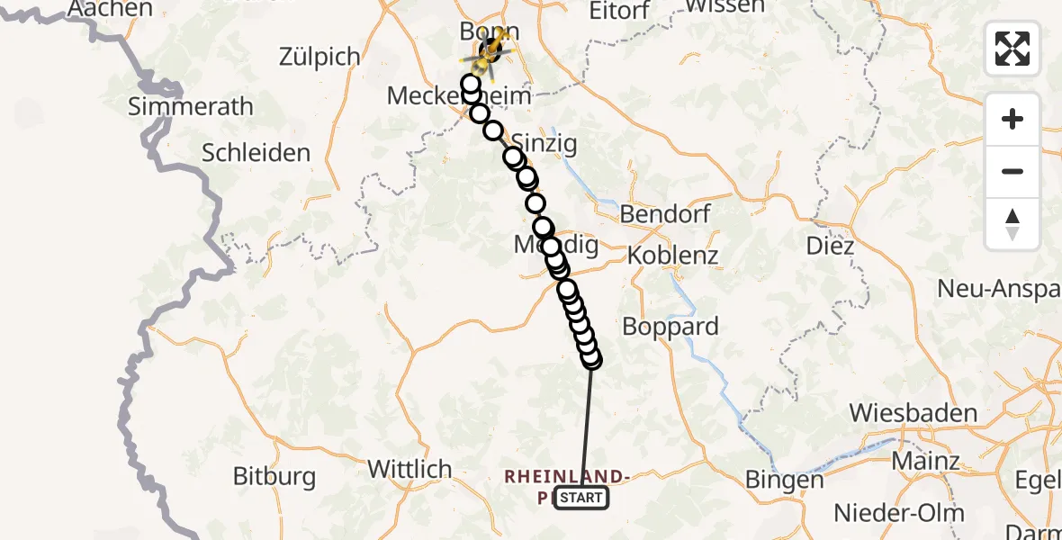 Flugroute Ambulanzhubschrauber Nieder Kostenz - Bonn University Hospital Hubschrauberlandeplatz, 18 Mai 2026, 15:26