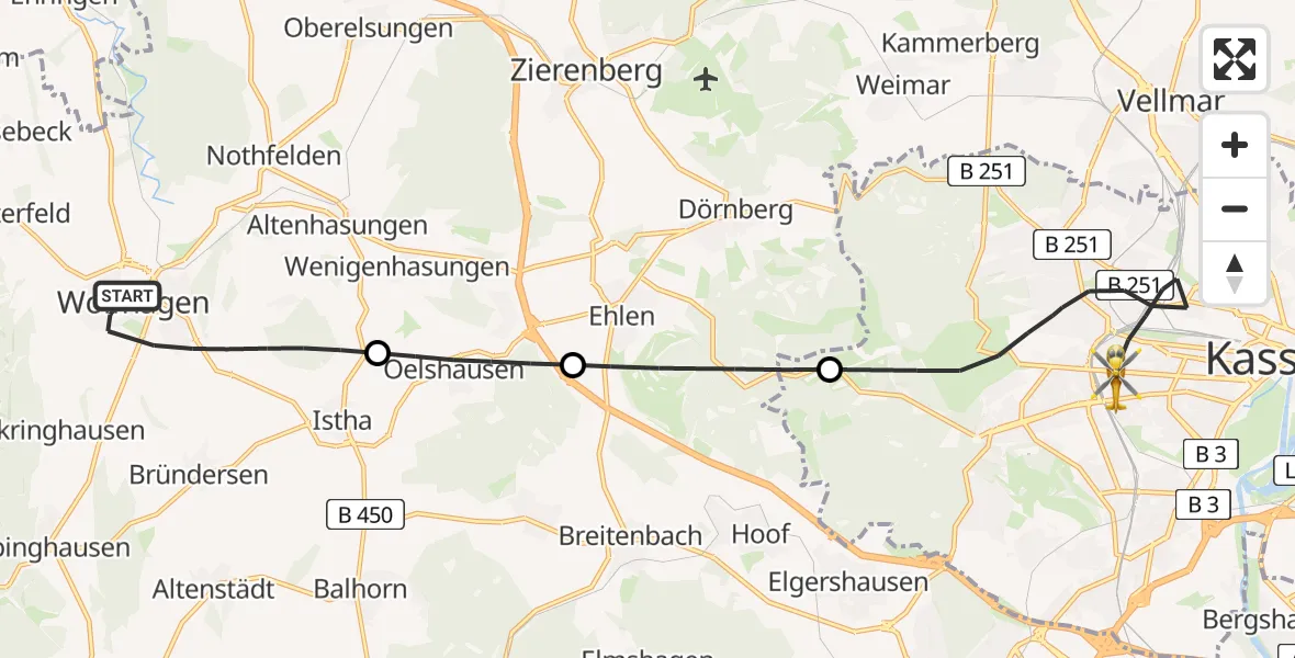 Flugroute Rettungshubschrauber Wolfhagen - Kassel, 18 Mai 2026, 15:33